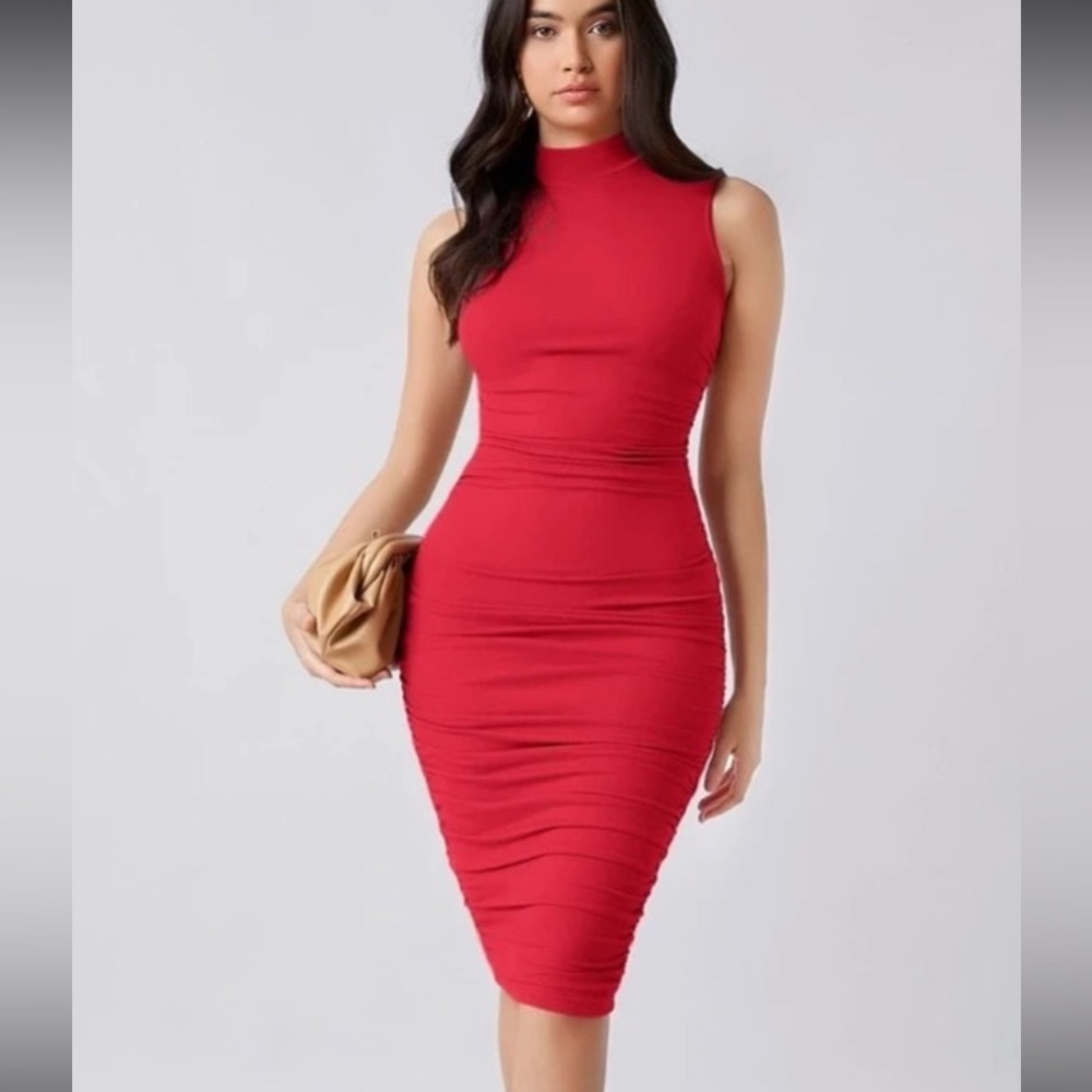 Red ruched bodycon mockneck midi dress 2